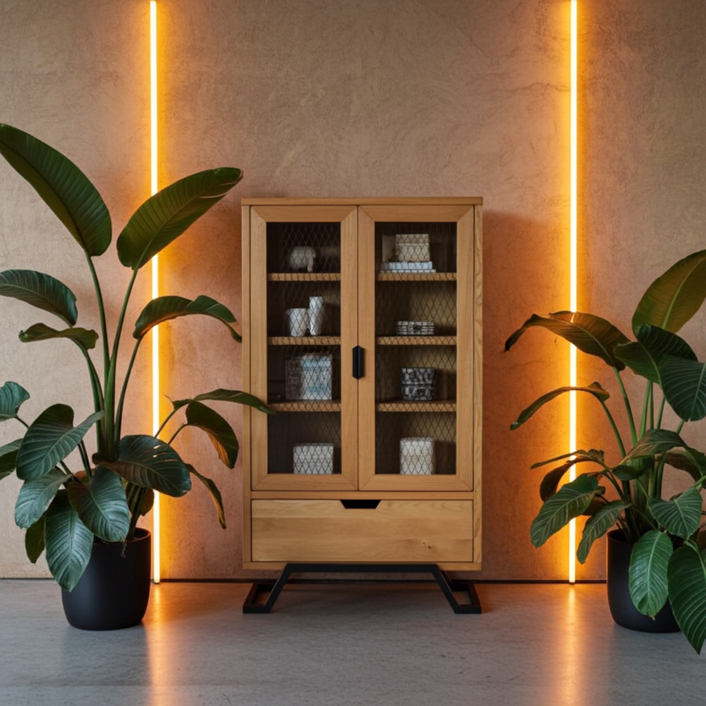 GMO Design Witryna szklana z drewnem dębowym NANO | Nowoczesna komoda do salonu NANO - zdjęcie 6