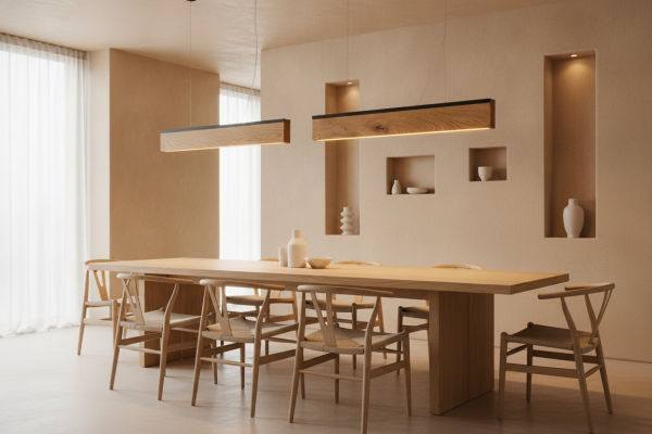 Lampa RIFT - led wisząca liniowa z drewna dół/góra-dół na wymiar - designerski mebel z litego drewna marki GMO Design